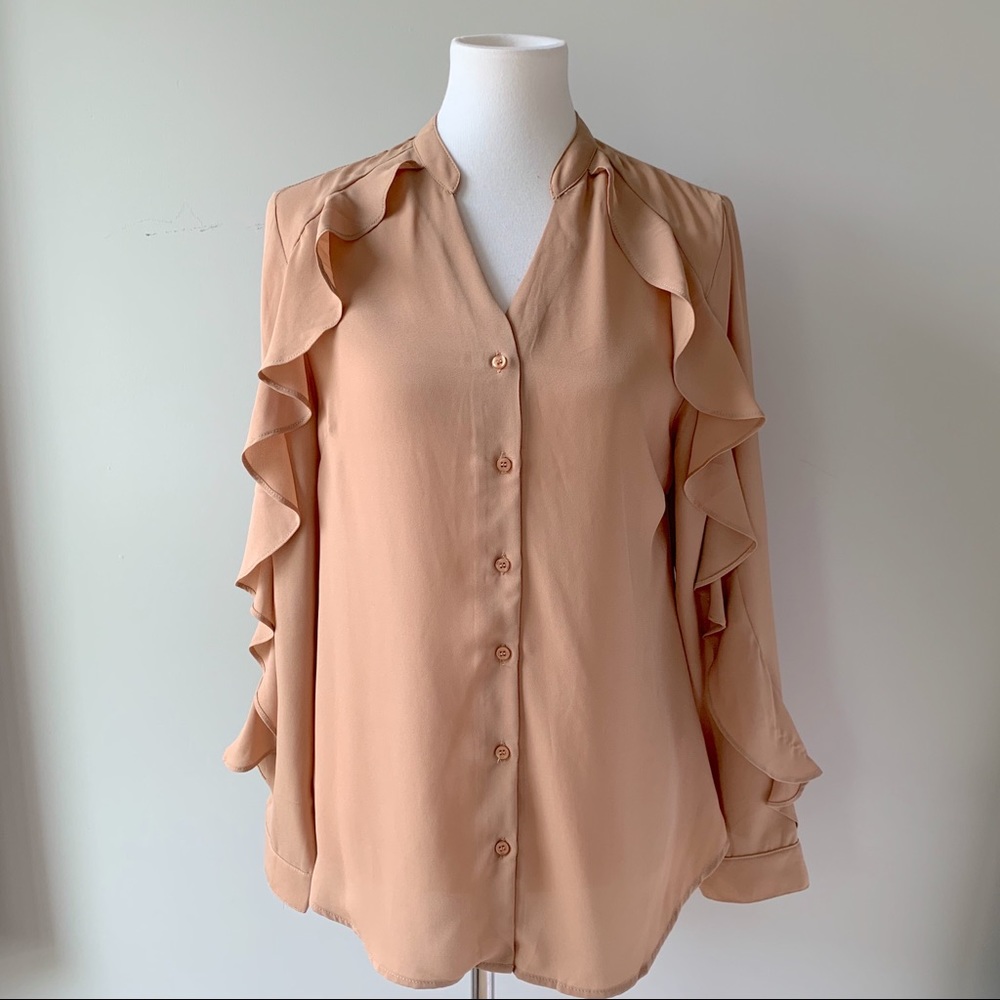 Entro Tan Ruffle Long Sleeve Top Size Medium